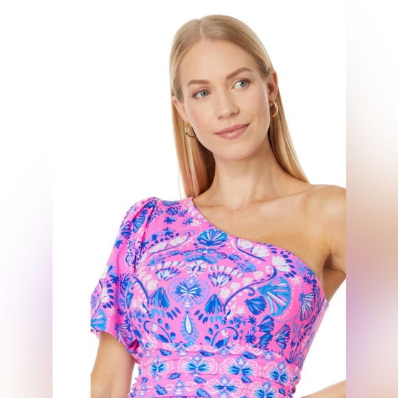 NWT Lilly Pulitzer Solana One-Shoulder Maxi Dress Havana Pink Turtle Tidepool - Picture 3 of 3